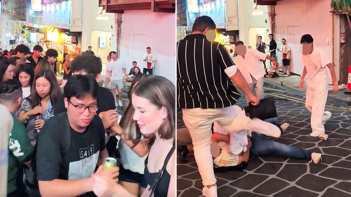 蘭桂坊MMA．有片｜眾男倒地混戰纏鬥 起飛腳幫拖 途人嚇到四散