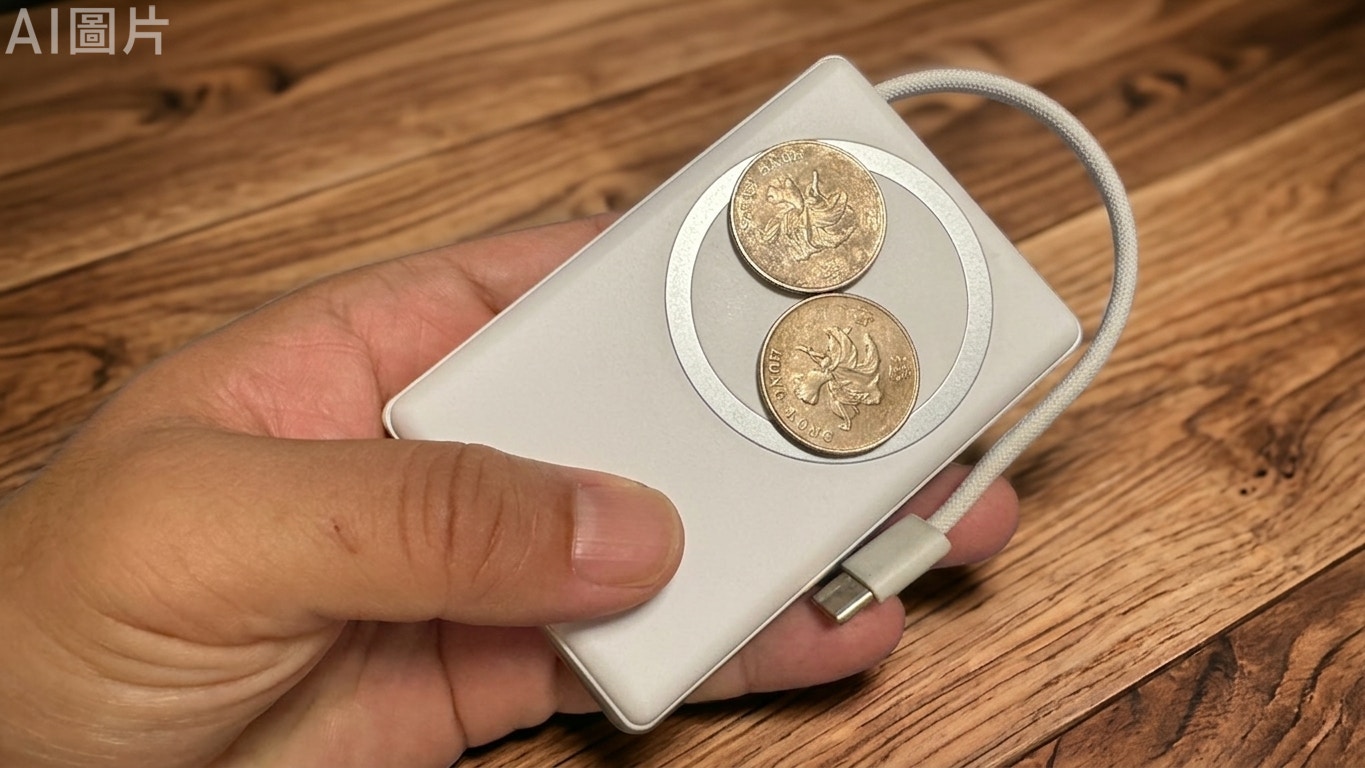 將一/二枚 2 元港幣疊在充電區與手機之間並進行充電。合格設備應在數秒內閃燈警告或斷電。(AI生成圖片、僅用作描述測試方法) 將一/二枚 2 元港幣疊在充電區與手機之間並進行充電。合格設備應在數秒內閃燈警告或斷電。(AI生成圖片、僅用作描述測試方法)