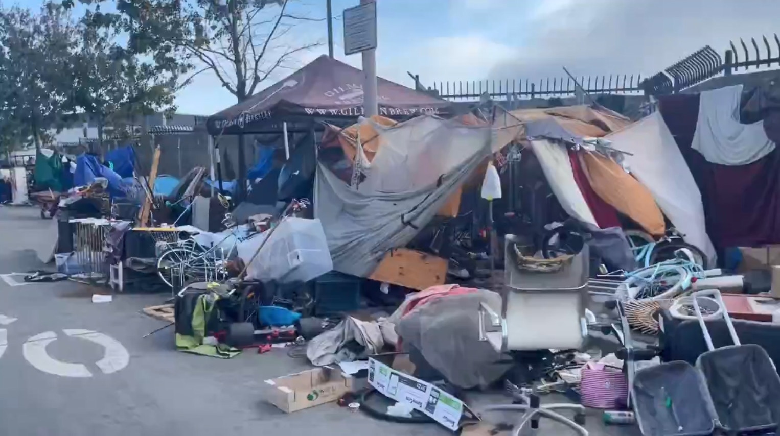 加州有妈妈送儿子上大学时拍到满街露宿者的景象,引起热论。(X@RuinZane影片截图)
