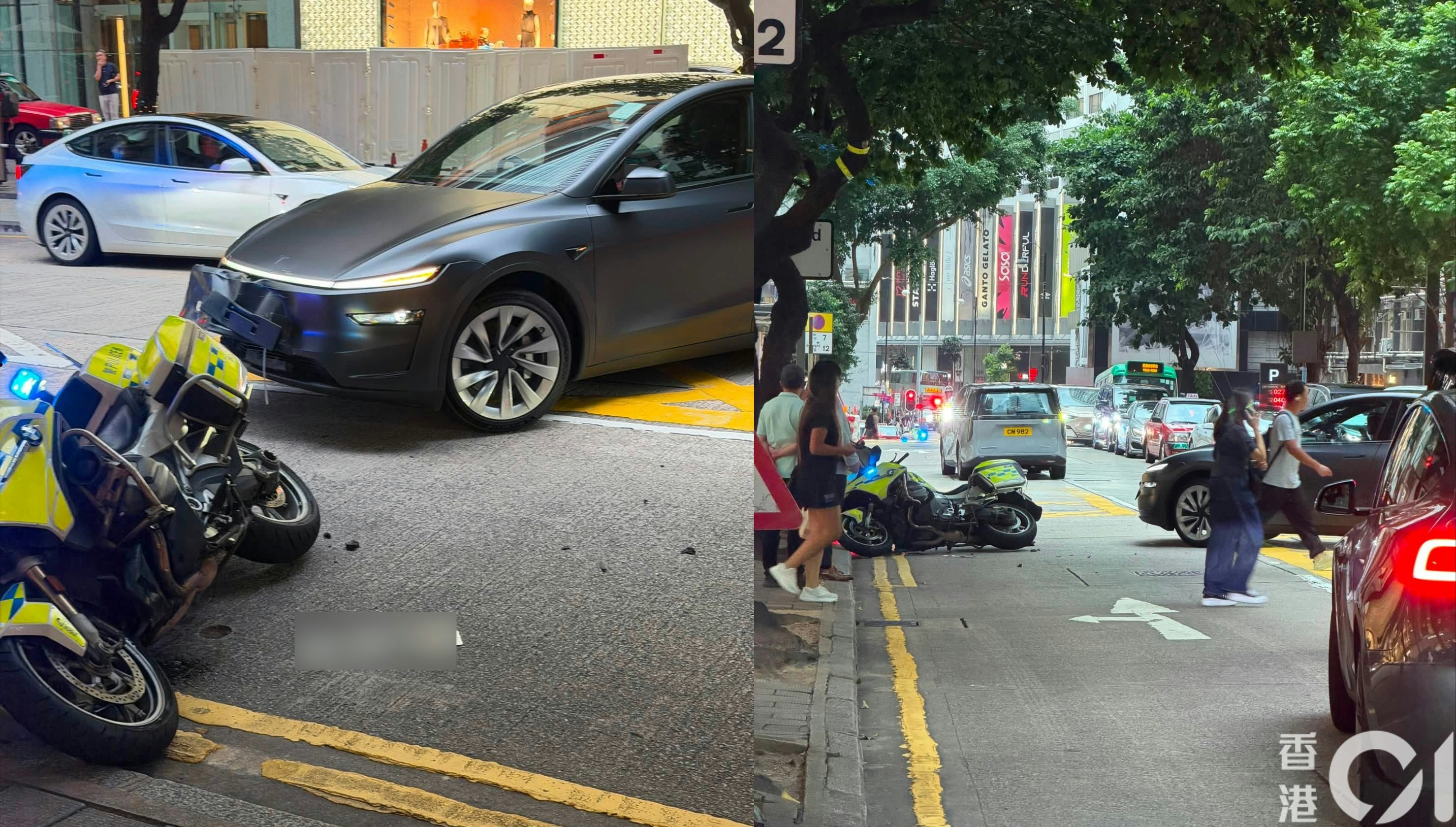 銅鑼灣希慎道Tesla撞警察鐵馬　車牌飛脫　鐵騎警受傷送院