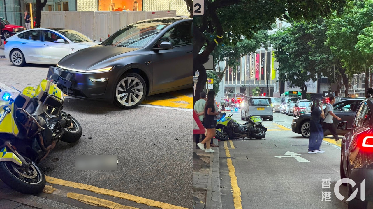 銅鑼灣希慎道Tesla撞警察鐵馬 車牌飛脫 鐵騎警受傷送院