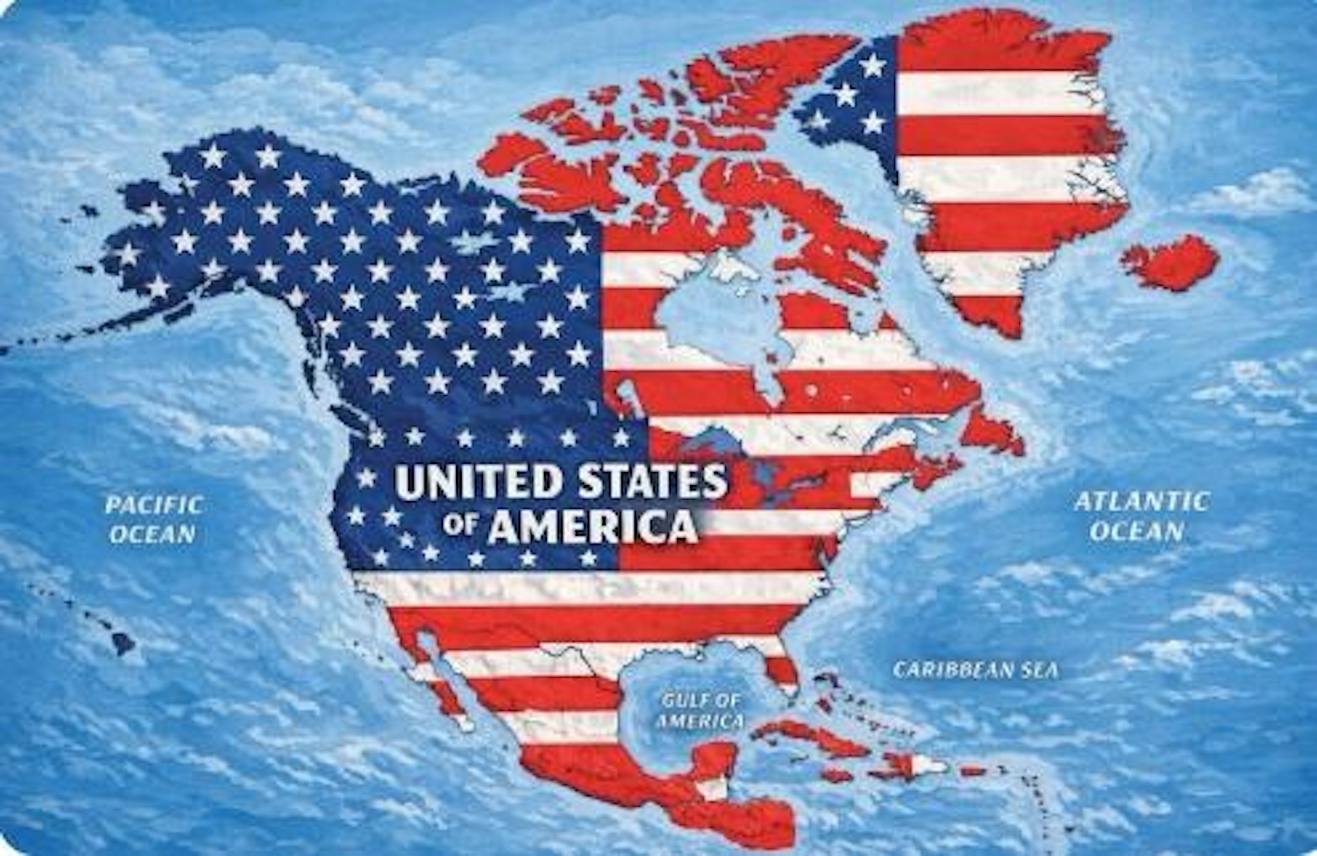 2026年9月7日,美國總統特朗普(Donald Trump)在社交平台發布一幅地圖,顯示美國國旗覆蓋加拿大、墨西哥、中美洲大部份地區、格陵蘭、冰島、古巴和牙買加等地。(Truth Social@realDonaldTrump)