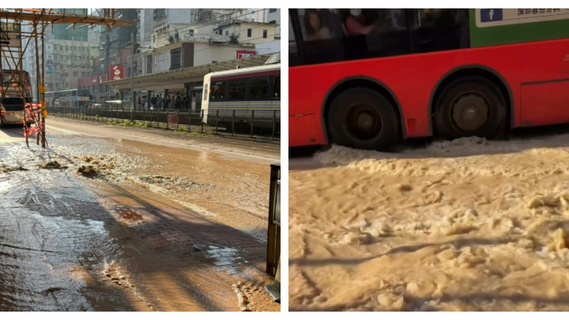 有片|元朗大棠路輕鐵站外爆水管湧黃泥水 途人躲避 車輛涉水行