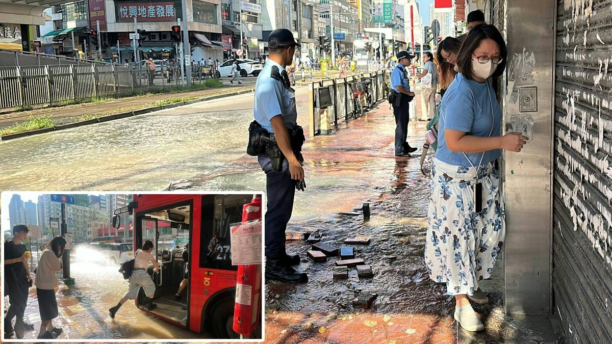 元朗爆水管｜市民踩台階避水　跨步跳過水氹上巴士　食店無水開檔