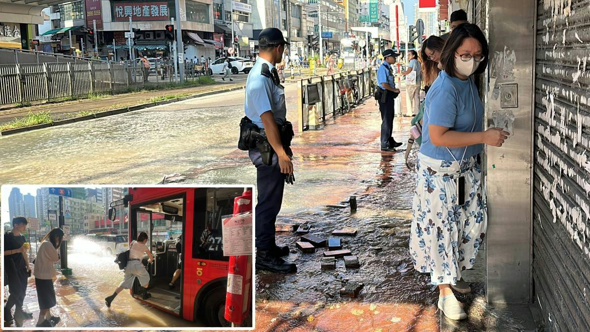 元朗爆水管|市民踩台階避水 跨步跳過水氹上巴士 食店無水開檔