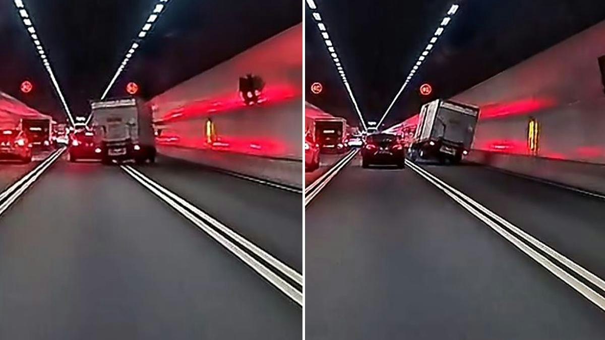南灣隧道前車收慢 貨車險撞 車胎懸空「彈下彈下」|有片