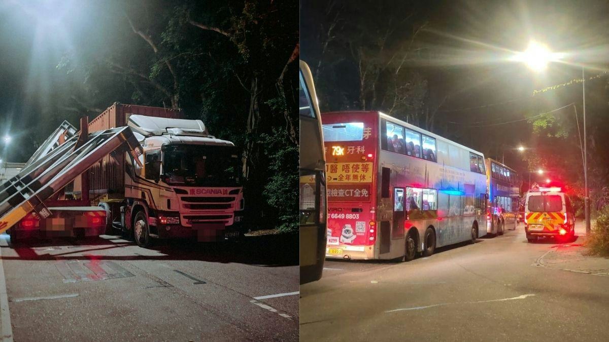 打鼓嶺坪輋路拖頭運金屬支架疑不穩　傾側倒塌壓中對面線貨櫃車