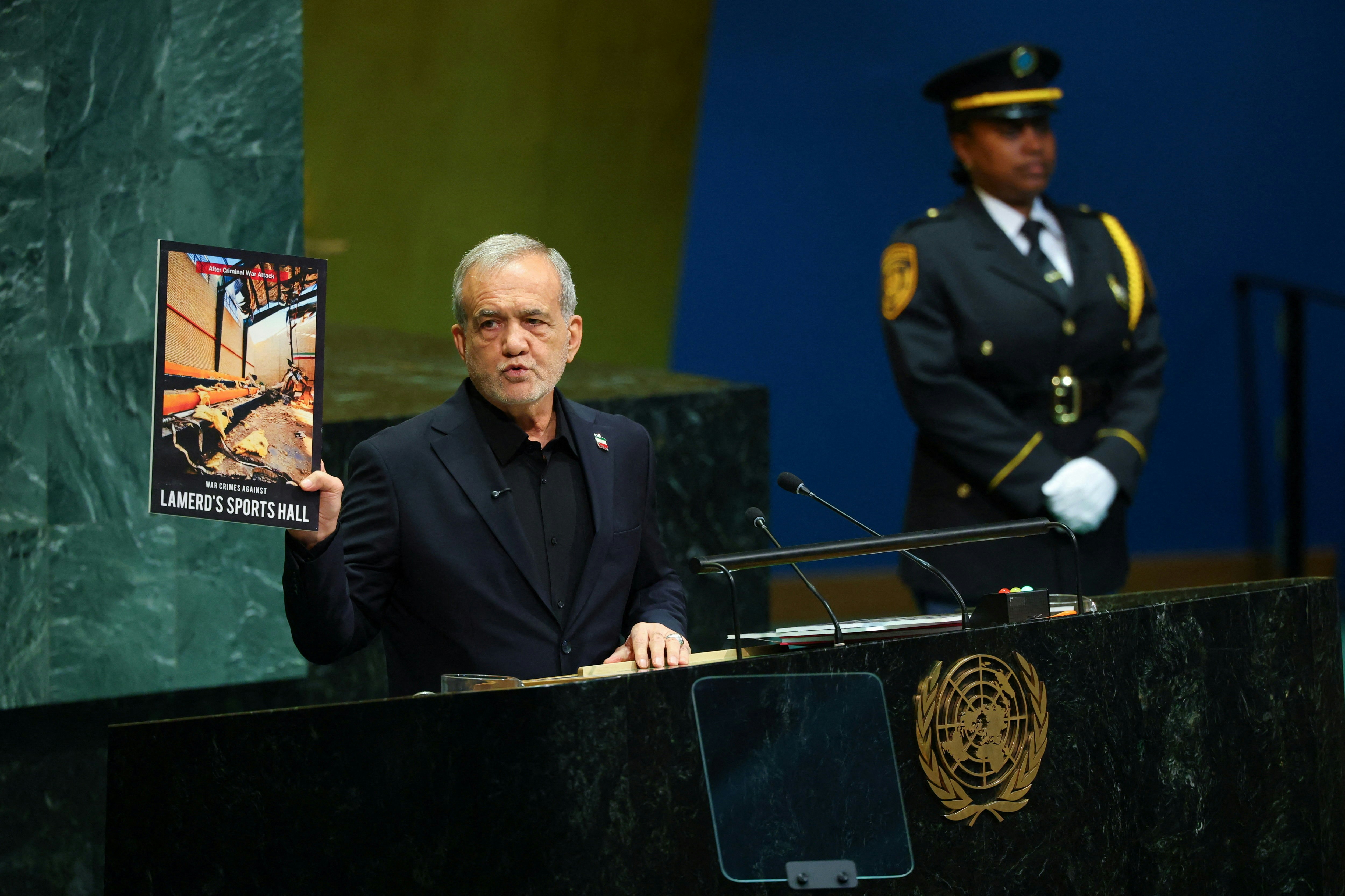 伊朗总统佩泽什基安(Masoud Pezeshkian)2026年9月23日在纽约联合国大会发言。(Reuters)