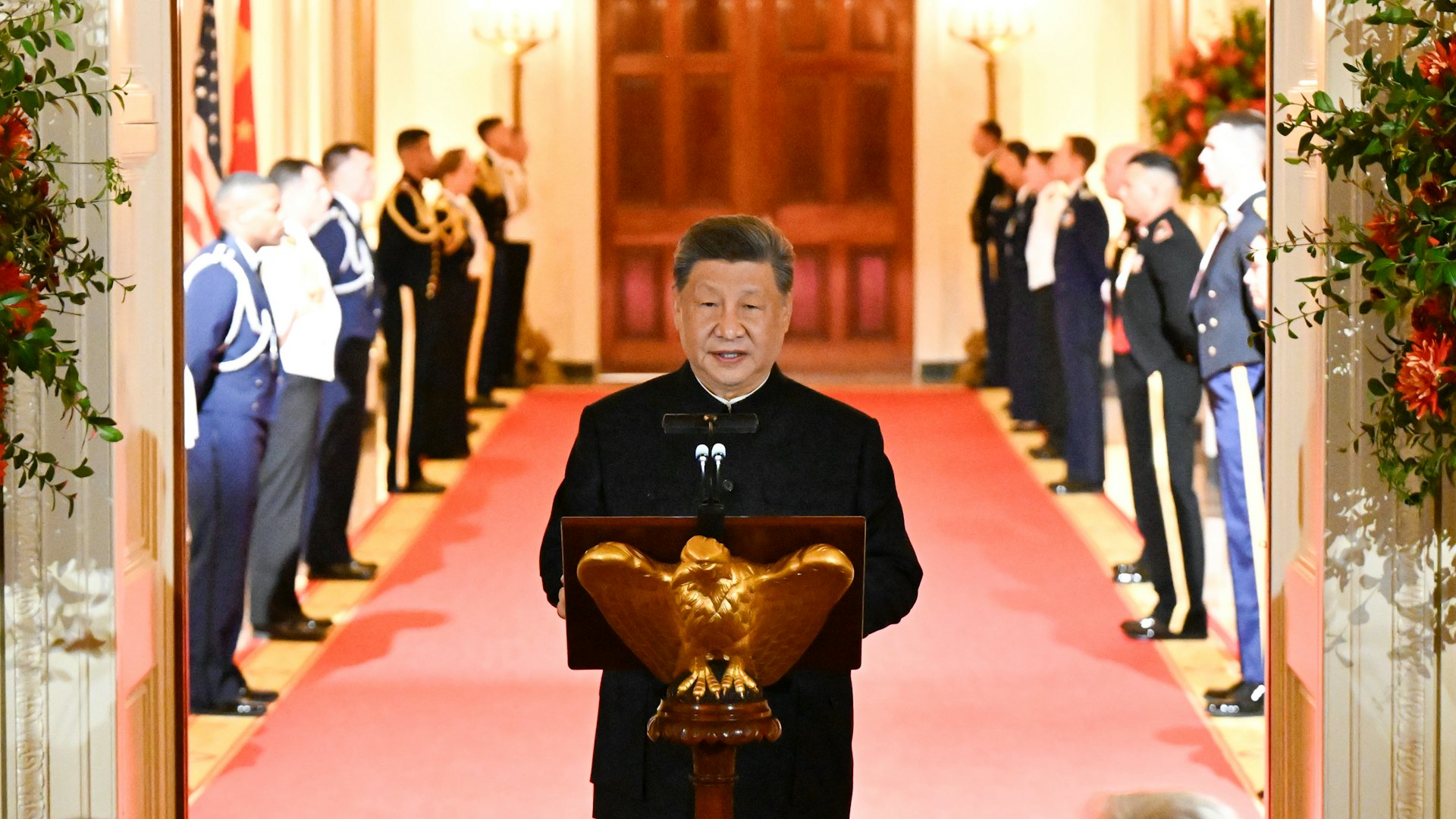2026年9月24日,中國國家主席習近平在美國總統特朗普(Donald Trump,又譯川普)於華盛頓白宮舉行的國宴上發表演講。(新華社)