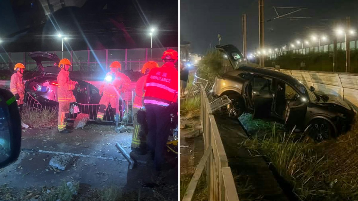 大埔大窩東支路私家車失控剷越單車徑 撞毀鐵欄墮草叢 司機送院