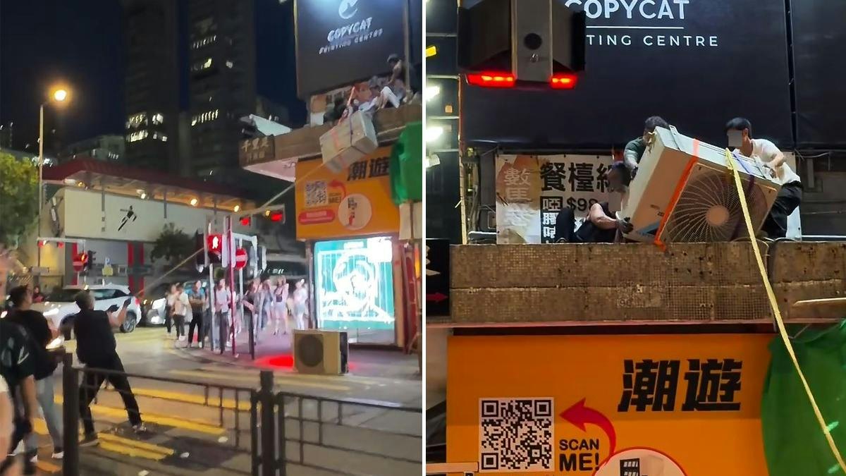 旺角工人吊冷氣機上簷篷 吊吊揈嚇到無人走近 網民批危險|有片