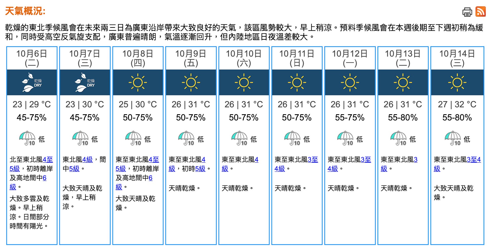 天文台九天天氣預報。(天文台網站截圖)