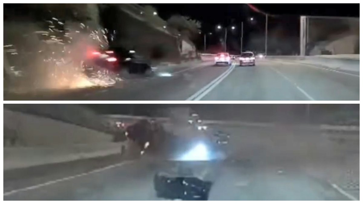車cam|屯門公路兩車狂飆 一車越兩線失控撞壆再撼的士 翻滾3圈