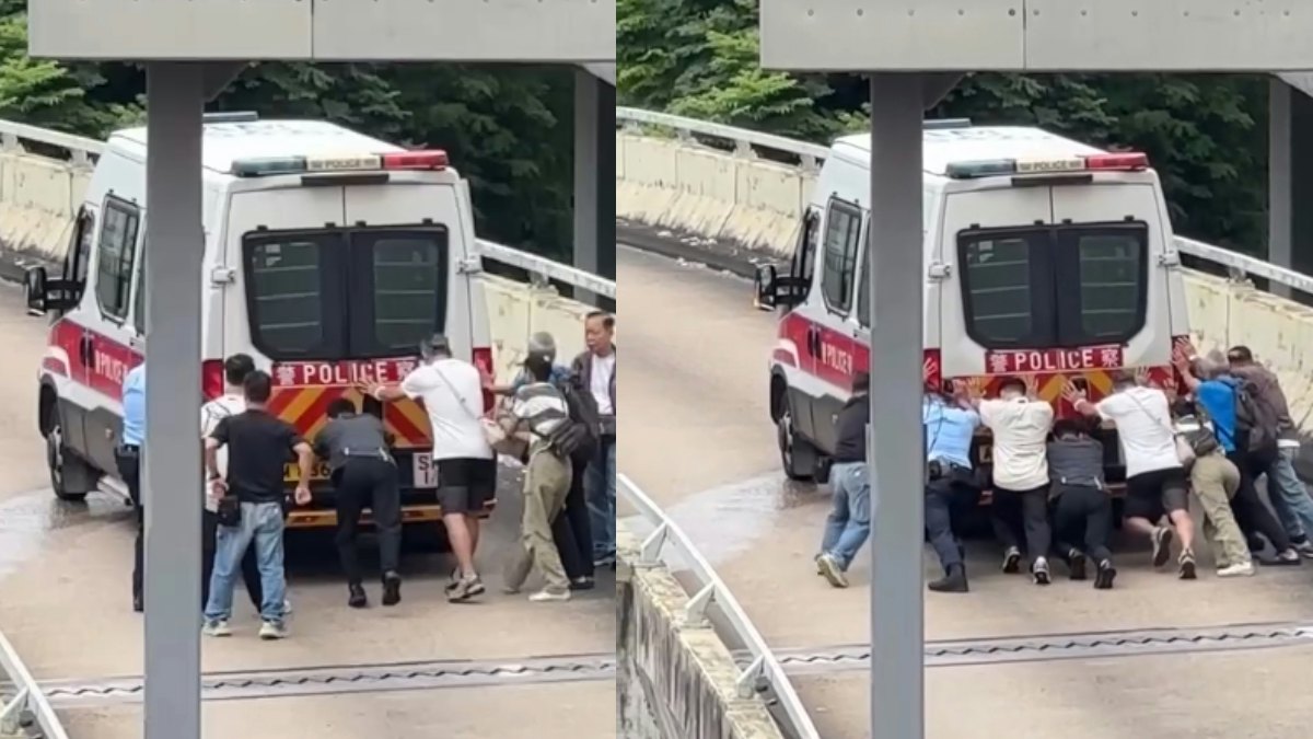有片|九龍灣警車天橋疑死火阻路 巴士車長搭客與警9人合力推車