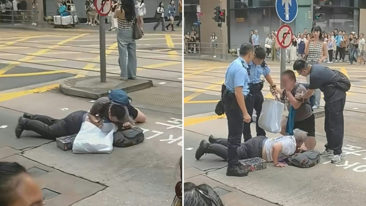 有片|中環兩躁漢疑落電車碰撞爆衝突 一男遭按地制服 警拘一人