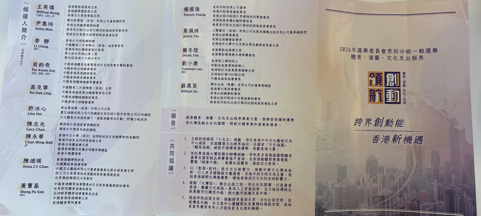 選舉委員會選舉提名期今日(7日)開始。在1500名選委中佔30席的體育、演藝、文化及出版界,多名候選人率先報名。當中「創動領航」團隊派出15人參與選舉產生的議席,參選者包括香港兵乓名將、港隊總教練李靜、足總主席貝鈞奇、港協奧委會義務副秘書長黃寶基等。