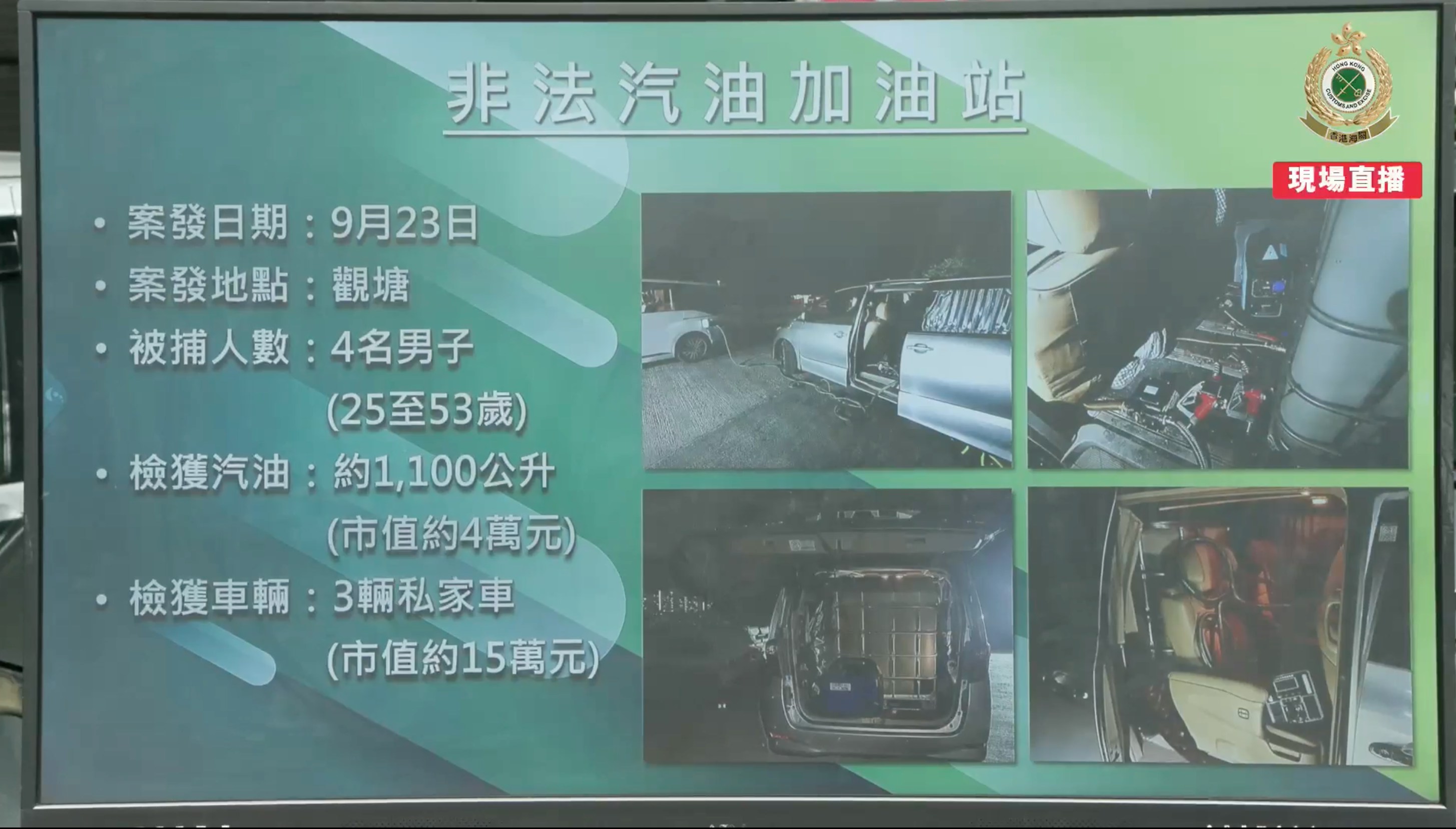 海關人員突擊搜查九龍灣、觀塘及錦田的非法加油站。(海關Facebook直播截圖)
