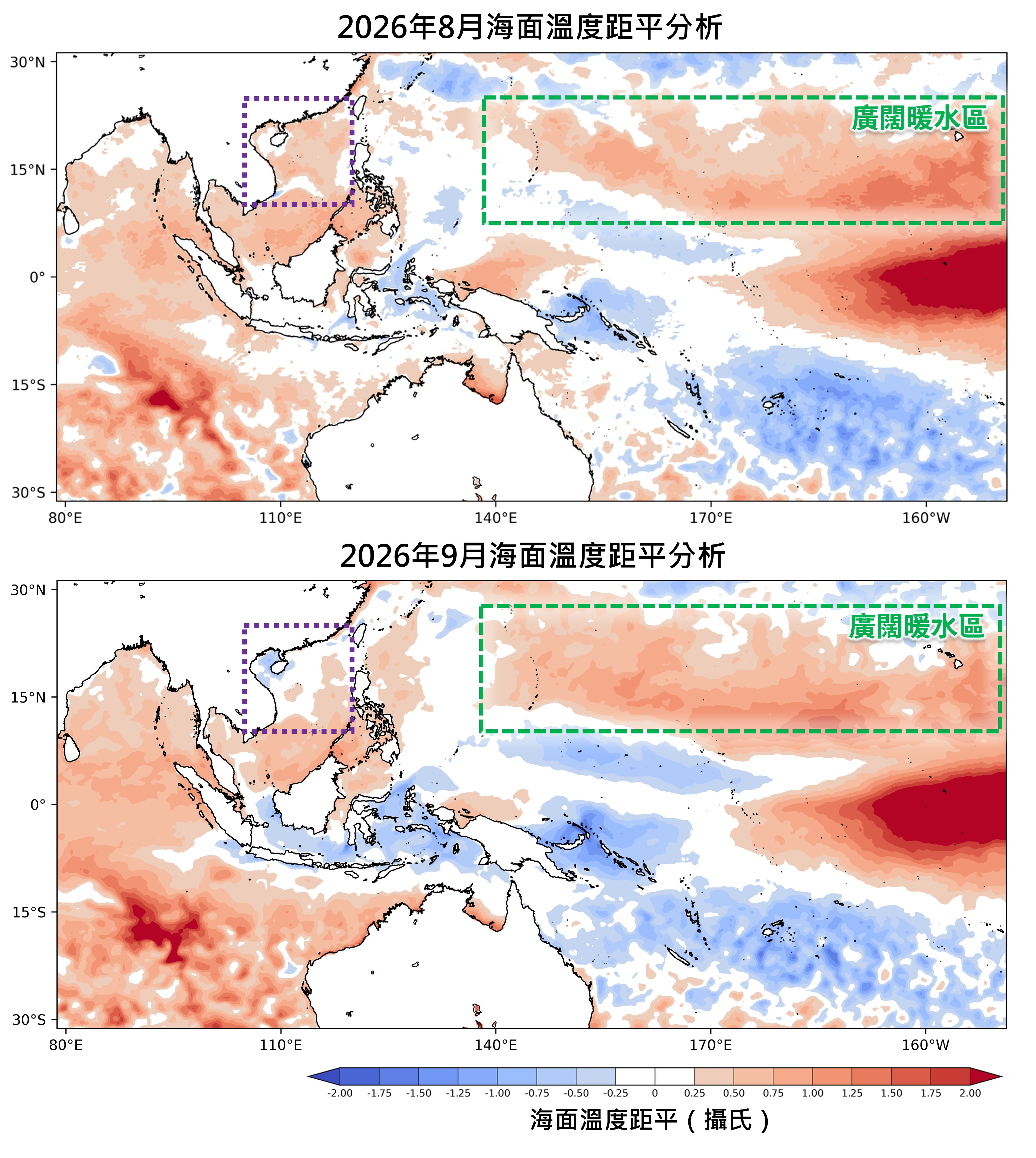 2026年8月和9月西北太平洋及南海的海面溫度距平分析。