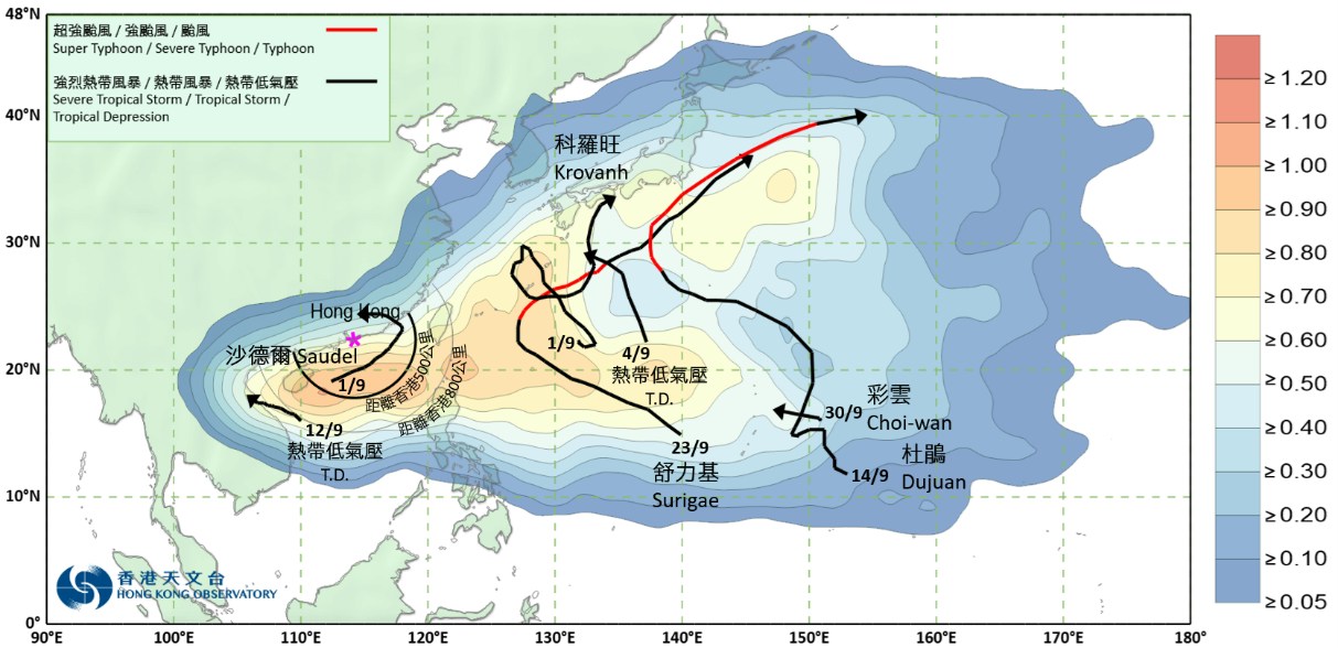 2026年9月影響西北太平洋及南海的熱帶氣旋暫定路徑。陰影顏色表示9月熱帶氣旋長期平均路徑的分布密度。