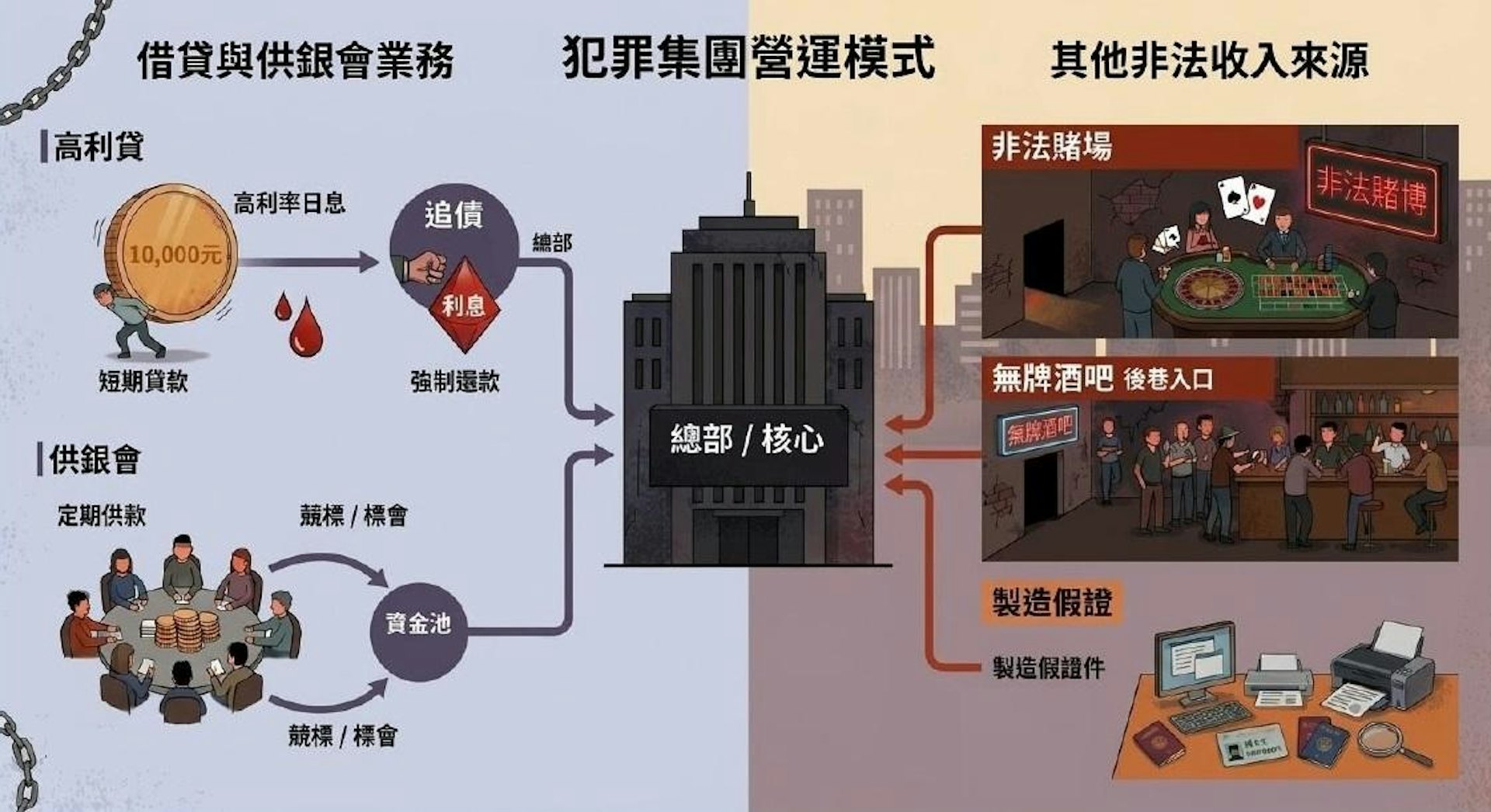 越南犯罪集團利用同鄉會作為掩飾,招攬成員作高利貸放數或非法「銀會」活動,亦提供一站式服務,包括向非法途徑入境的同鄉提供短暫住宿、製造假身份證,並經營非法賭場、無牌酒吧等。
