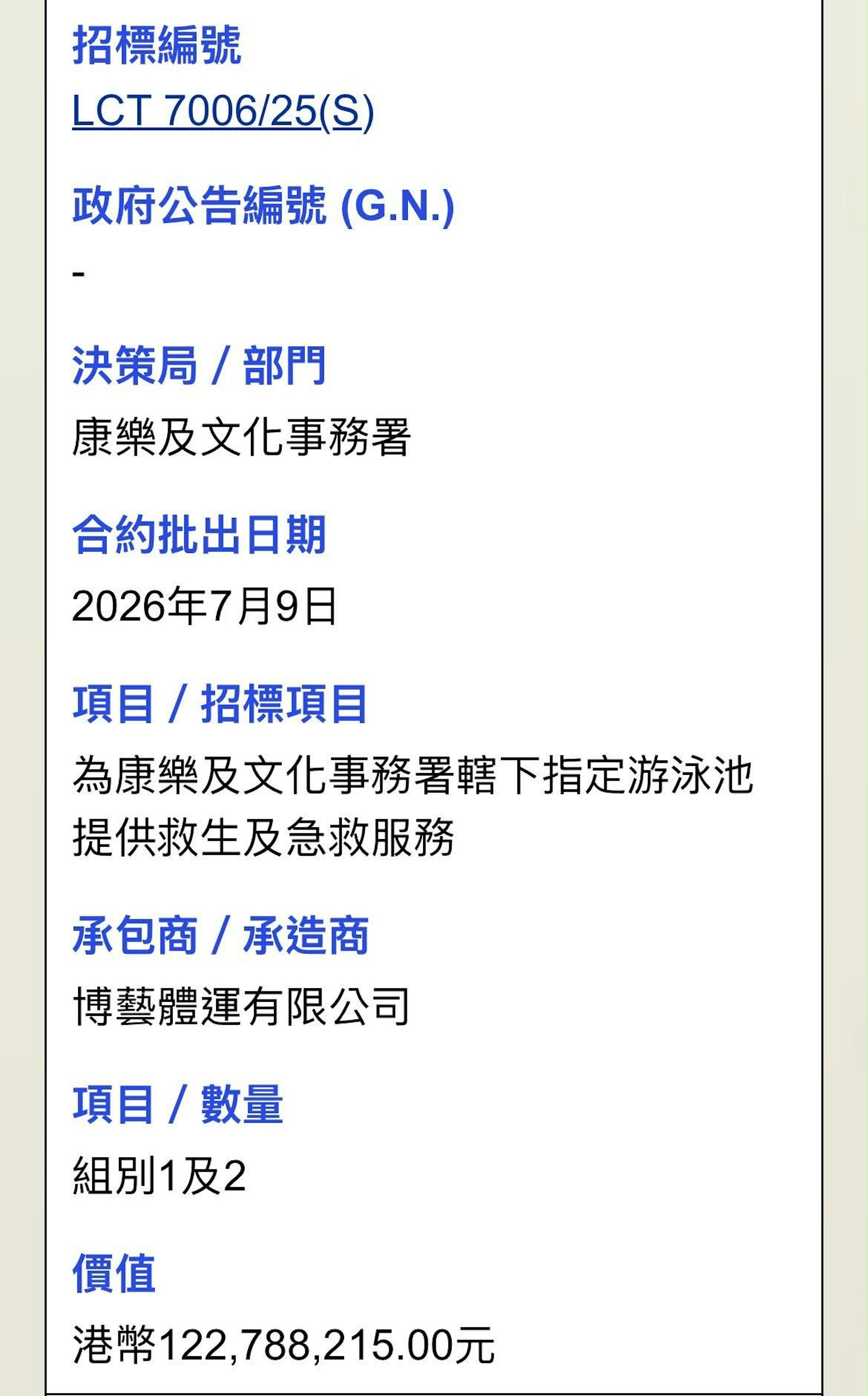 康文署於今年7月9日批出組別1及組別2,包括港島東、大角咀、藍田、東昌街、青衣西南及屏山天水圍等共6個指定公眾泳池的救生及急救服務合約,總價值達122,788,215元,由博藝體運有限公司再次投得。(康文署網頁截圖)