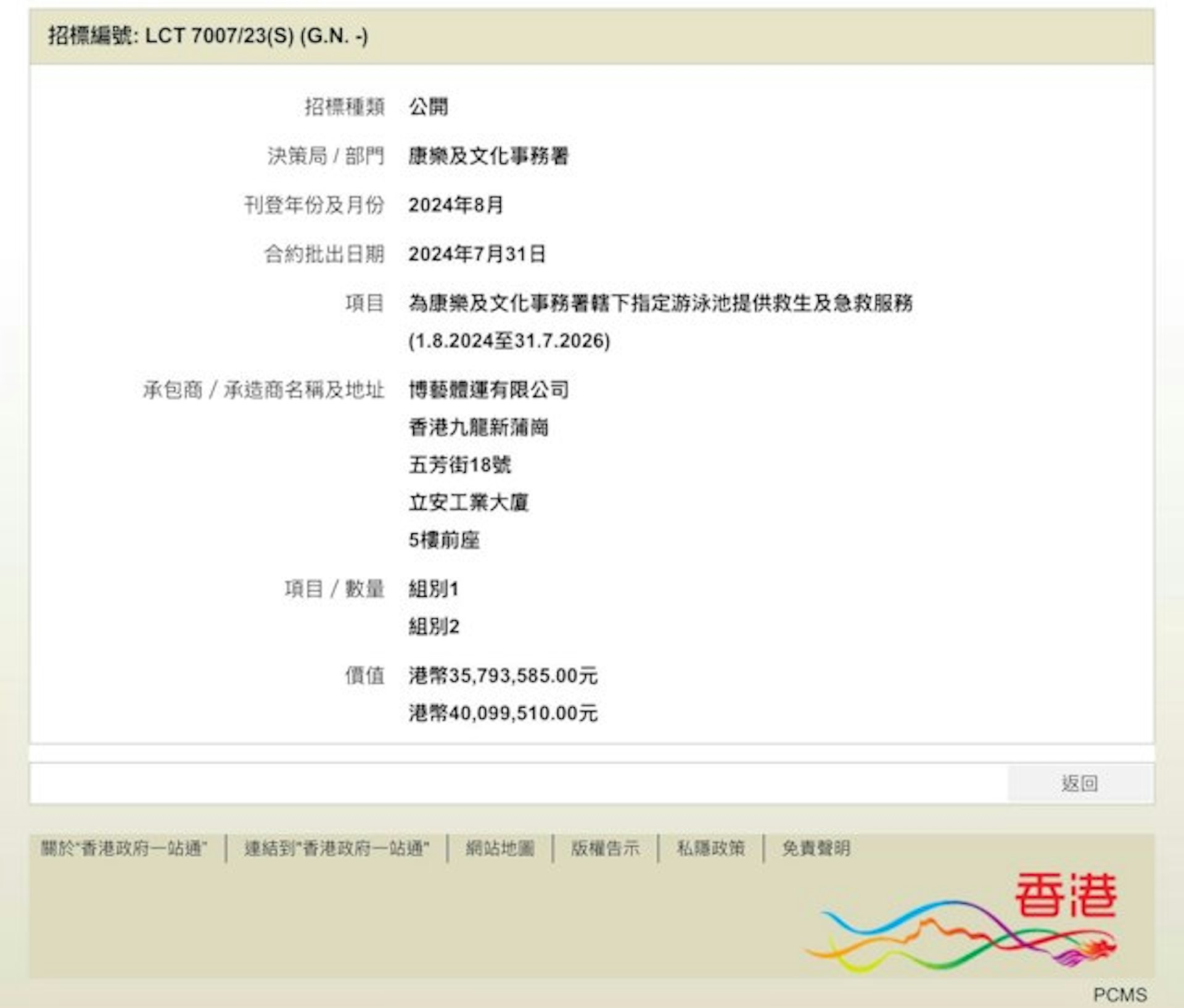 康文署於今年7月9日批出組別1及組別2,包括港島東、大角咀、藍田、東昌街、青衣西南及屏山天水圍等共6個指定公眾泳池的救生及急救服務合約,總價值達122,788,215元,由博藝體運有限公司再次投得。(康文署網頁截圖)