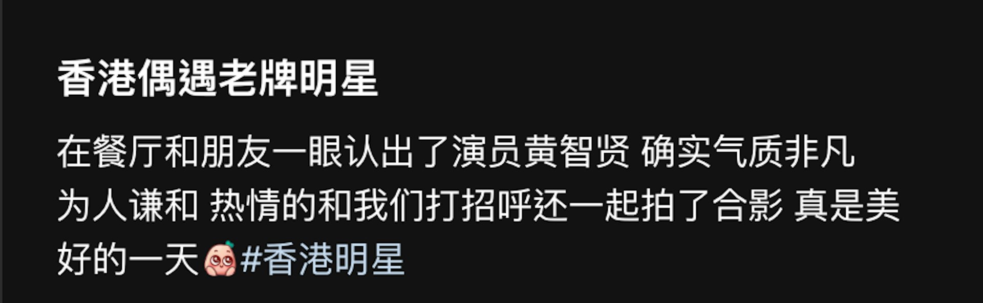 博主大讚黃智賢氣質非凡。(小紅書截圖)