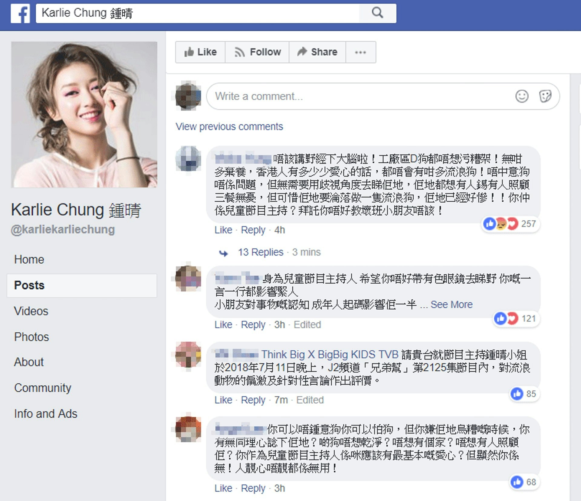 當時大批網民湧入鍾晴Facebook專頁留言批評。(facebook)