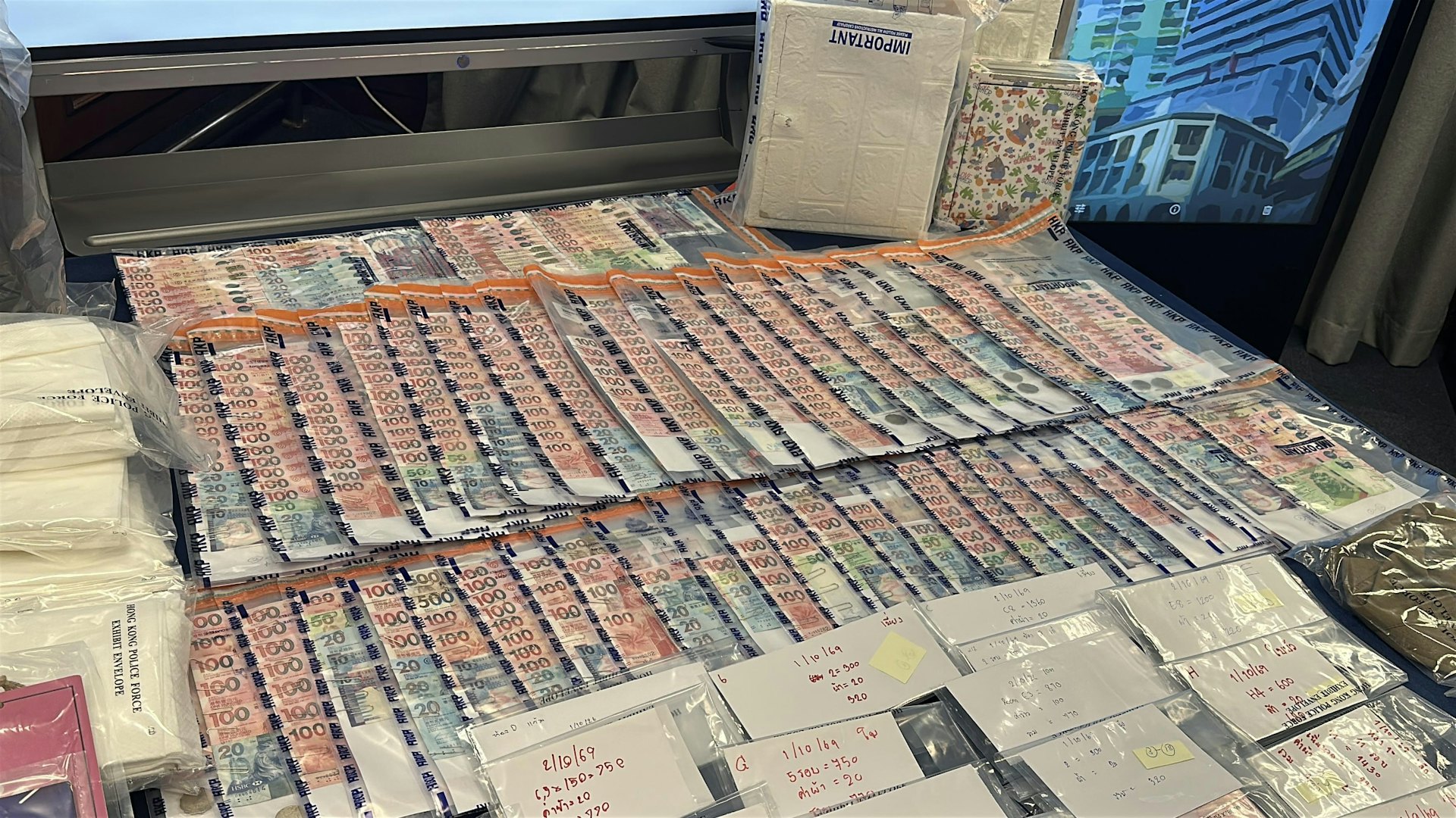 警方檢獲約10萬元現金、大量潤滑劑、安全套、一次性毛巾、多部手提電話及賬簿等證物。