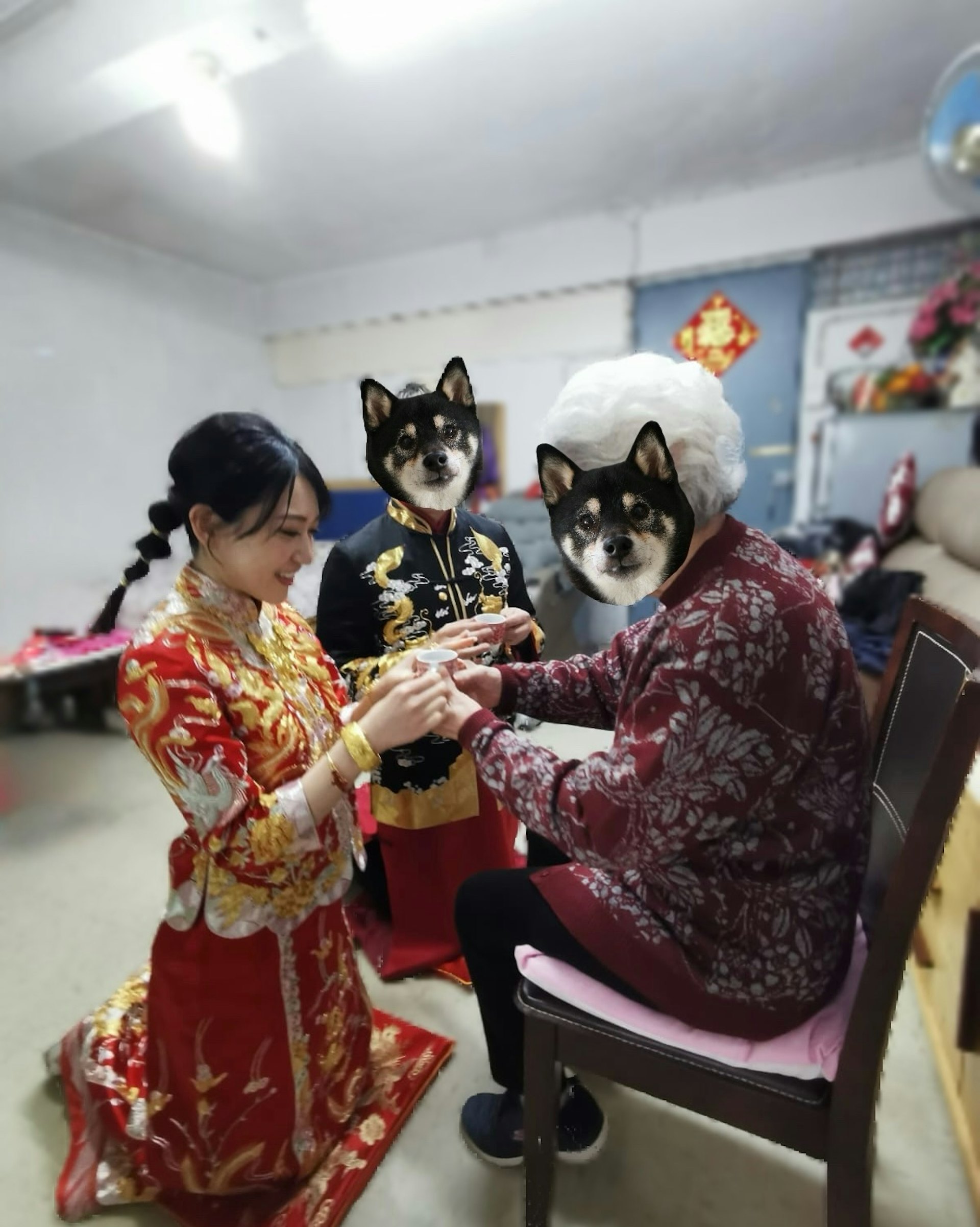 内田真由美入乡随俗与丈夫跪地向嫲嫲敬茶。(IG@mayumi_mmm)