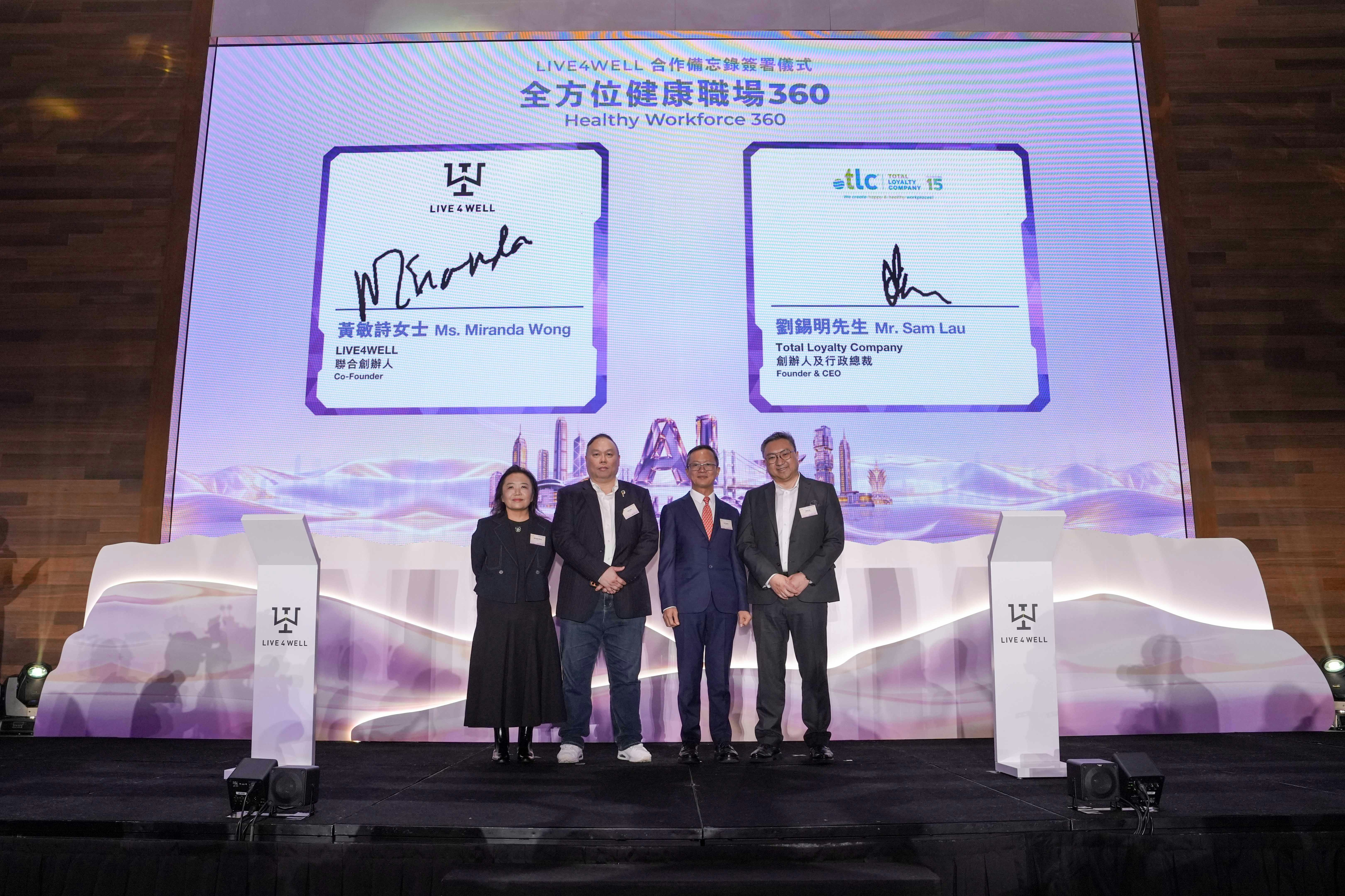 LIVE4WELL 联合创办人黄敏诗女士(左一)与Total Loyalty Company 创办人及行政总裁刘锡明先生(右一)签署合作备忘录,推出「全方位健康职场360」企业健康管理方案。