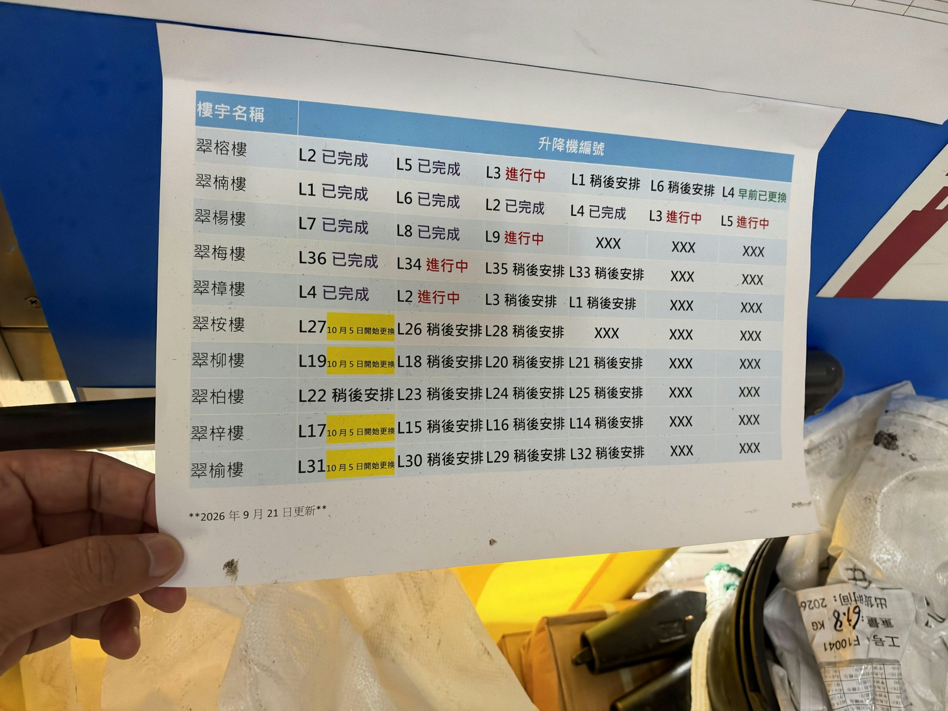 翠屏北邨其中10幢大厦的升降机分阶段更换,大堂贴出时间表。