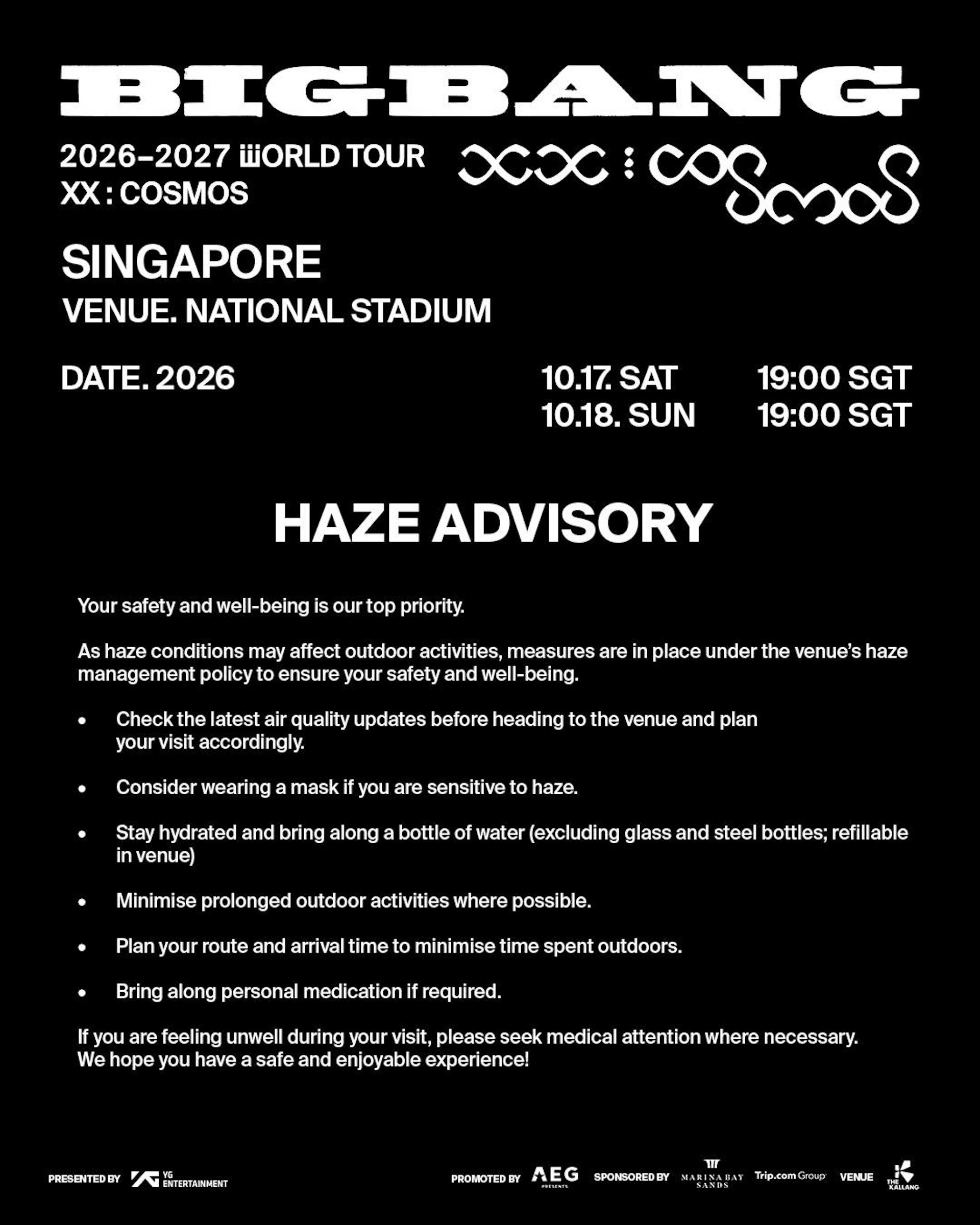 演唱会主办方之一AEG Presents Asia迅速于社交平台发布「Haze Advisory」(雾霾预警)。(IG@aegpresentsasia)