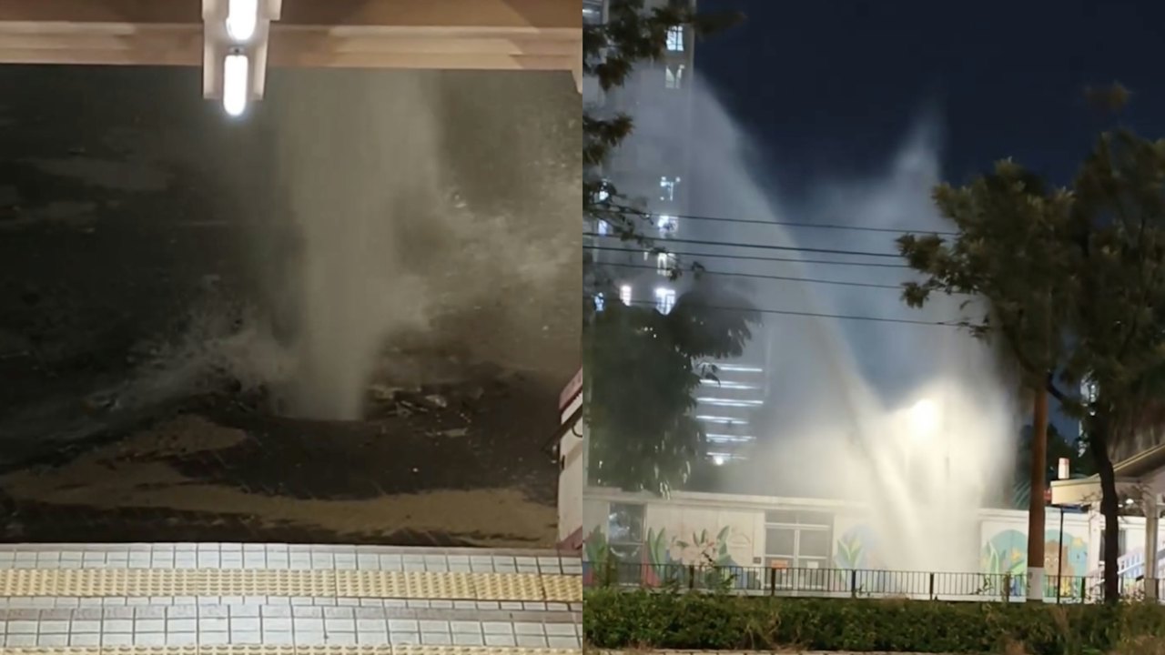 有片|天水圍天榮路爆鹹水管 水柱激噴兩層樓高 兩屋苑停沖廁水
