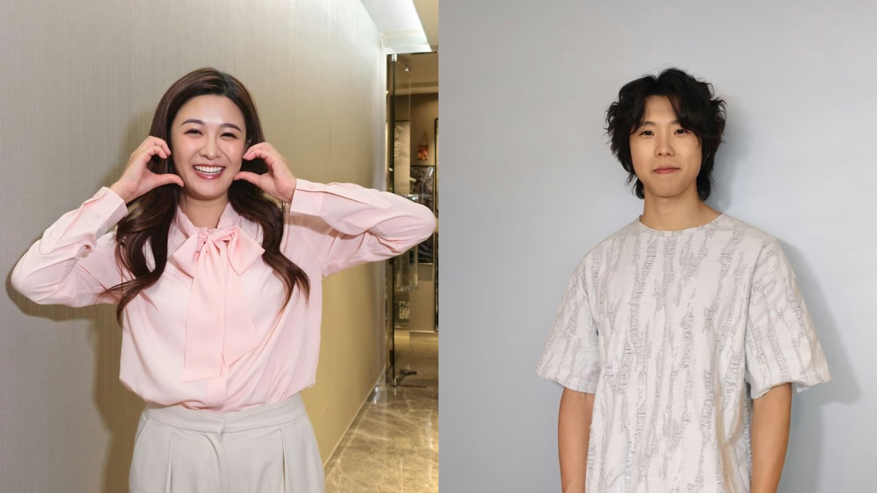 ピンクのブラウス姿でハートポーズを作る江嘉敏と、白いTシャツ姿の葉振弘