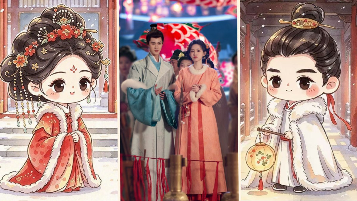 『尚公主』のQ版イラストに描かれた暮晚搖と言尚。中央には二人のドラマ場面も配置されている