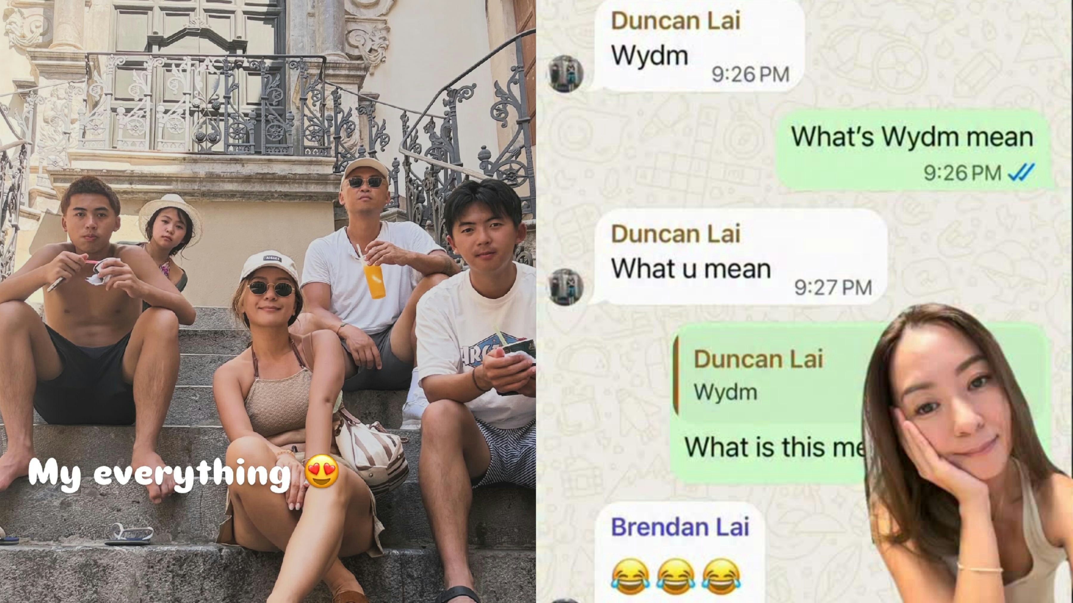 梁芷珮一家の写真と、息子Duncanとの「Wydm」をめぐるチャット画面を組み合わせた画像