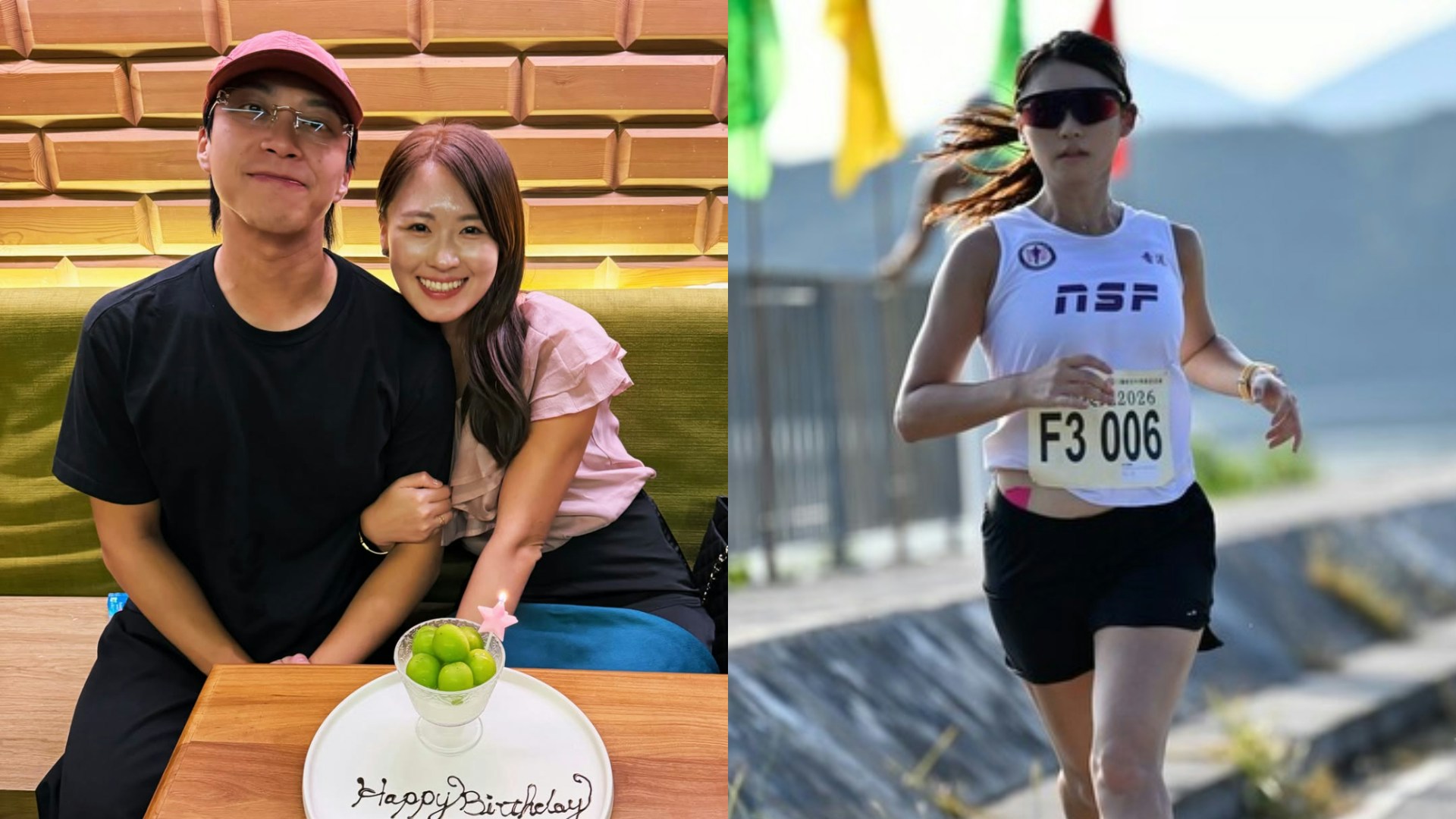 誕生日のメロンケーキを前に、ウー・イエカンと妻アイコさんが並んで座る写真。右側にはランニング中のアイコさんの写真もある
