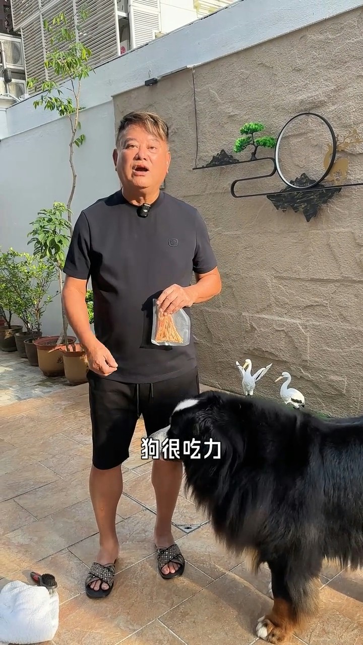 自宅の庭で愛犬におやつを見せながら話す陳百祥
