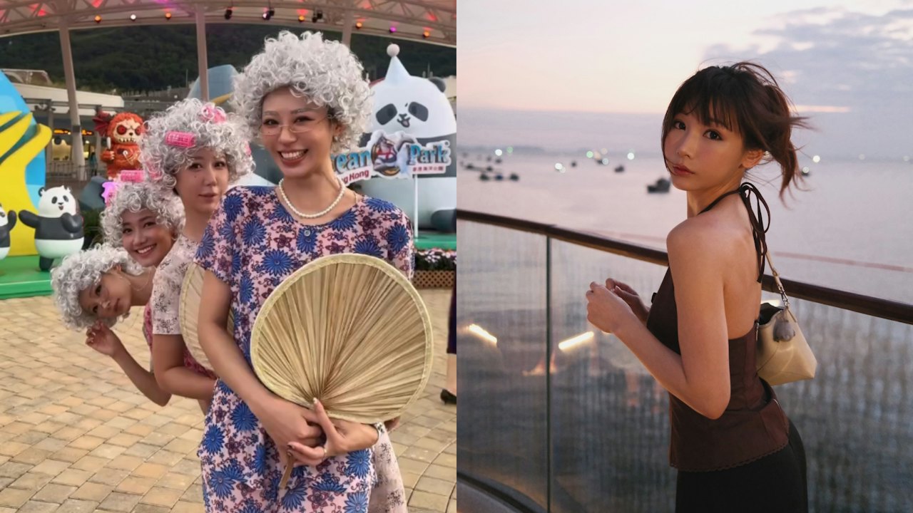 白髪のかつらと花柄の服でおばあちゃんに扮し、香港のテーマパークでポーズを取る女性たち