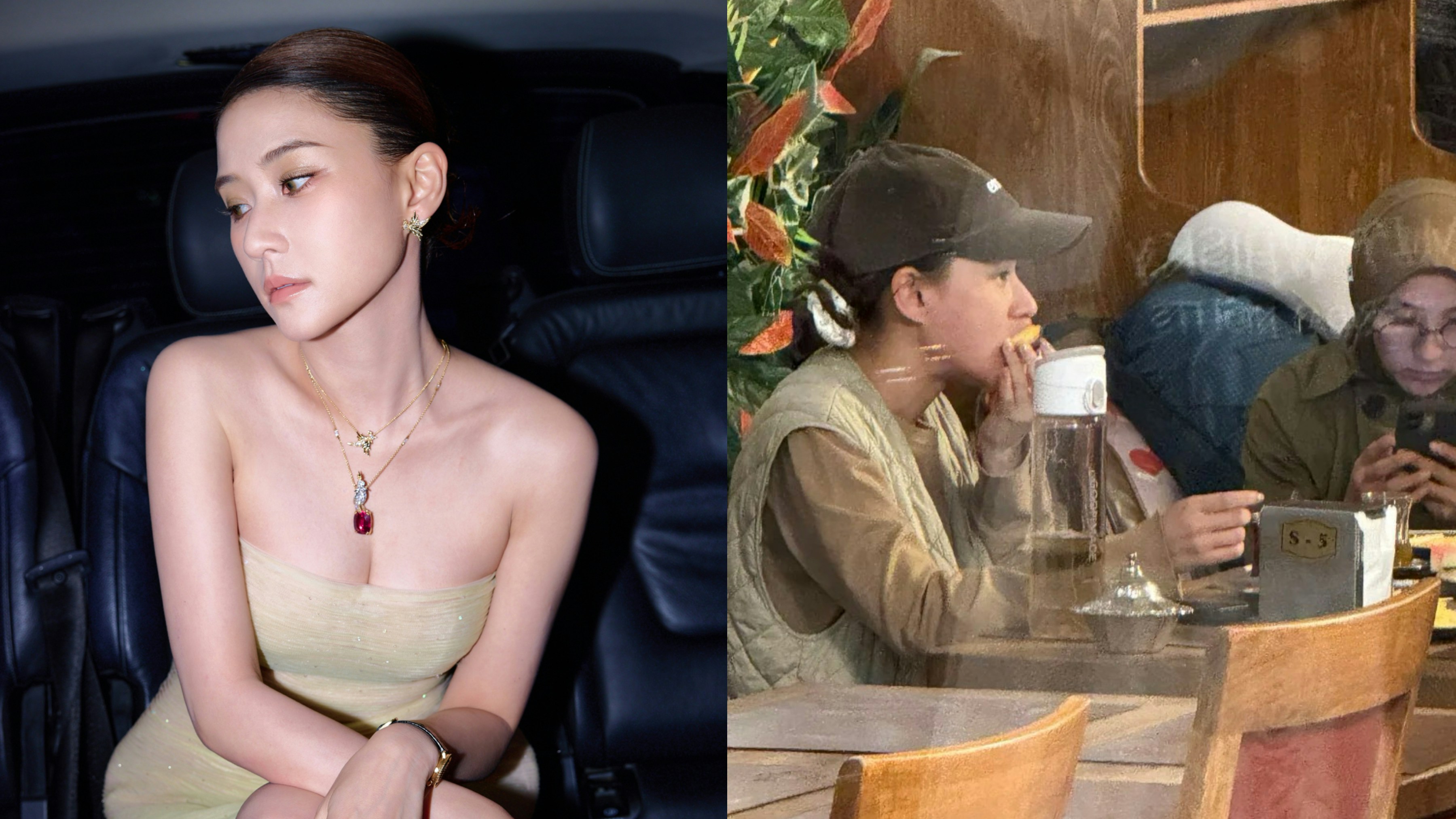 左にドレス姿の何超蓮、右にキャップをかぶり店内で食事する何超蓮を並べた写真