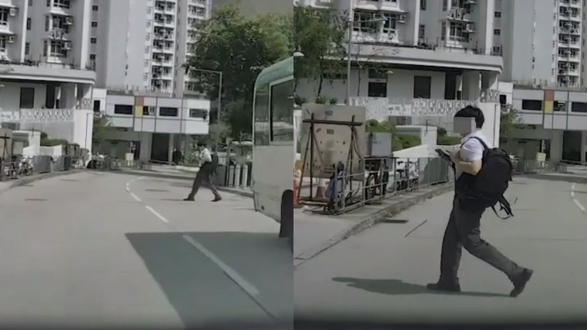 車Cam|駿洋邨男生全程低頭撳電話過馬路 網民批:現代精神鴉片