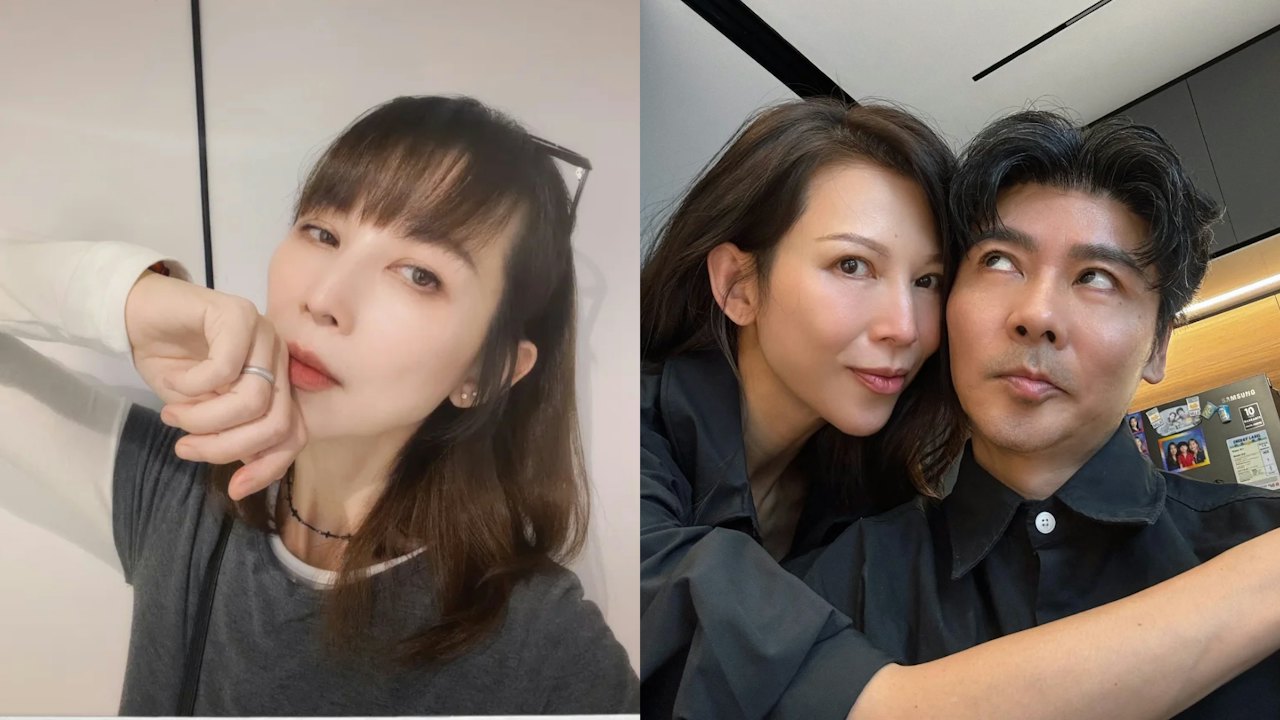 前髪のある新しい髪型を披露した蔡少芬と、夫の張晉とのツーショット