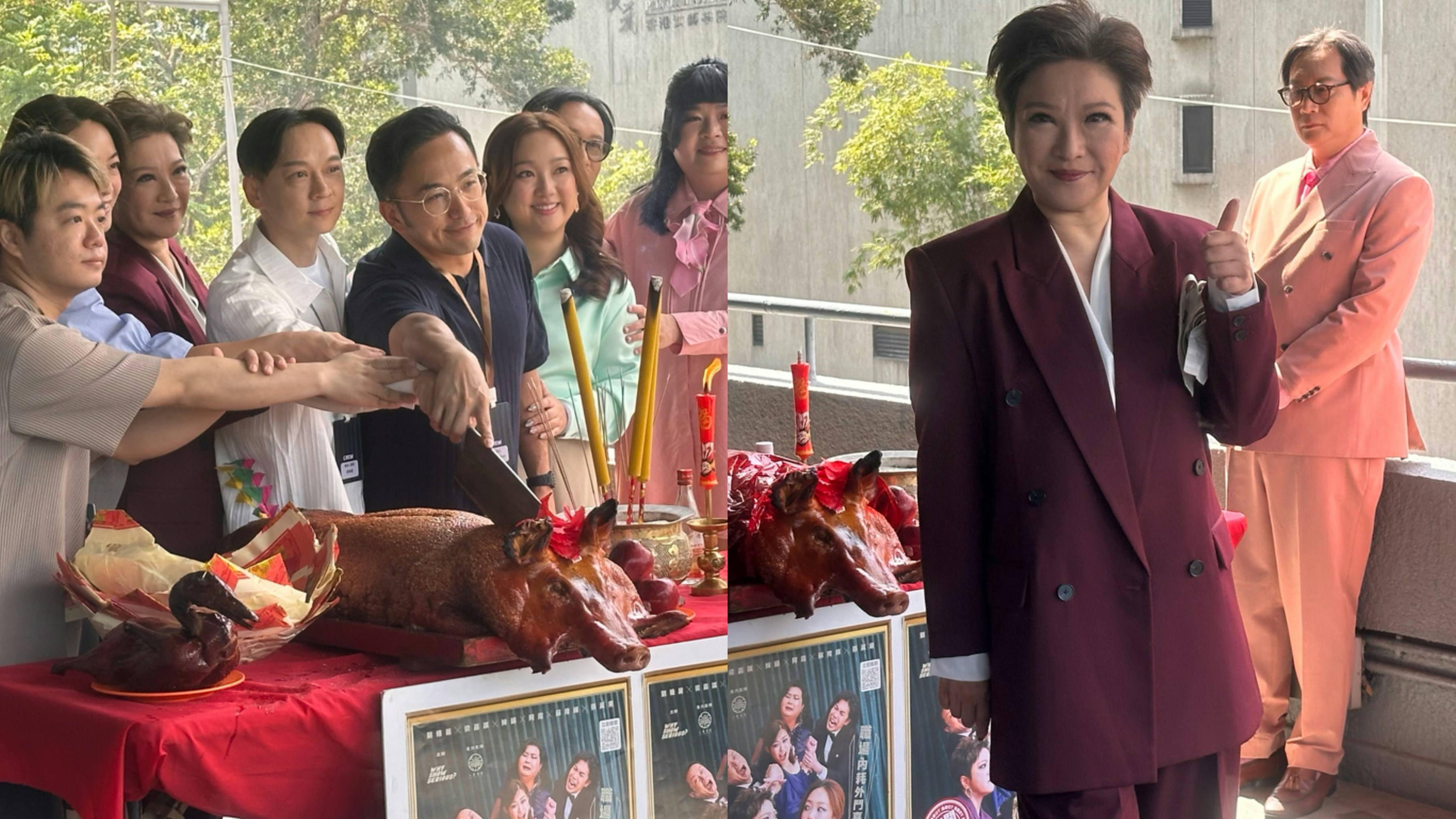 舞台『辦公室劇后』の出演者たちが香港の劇場で上演の成功を祈願する様子