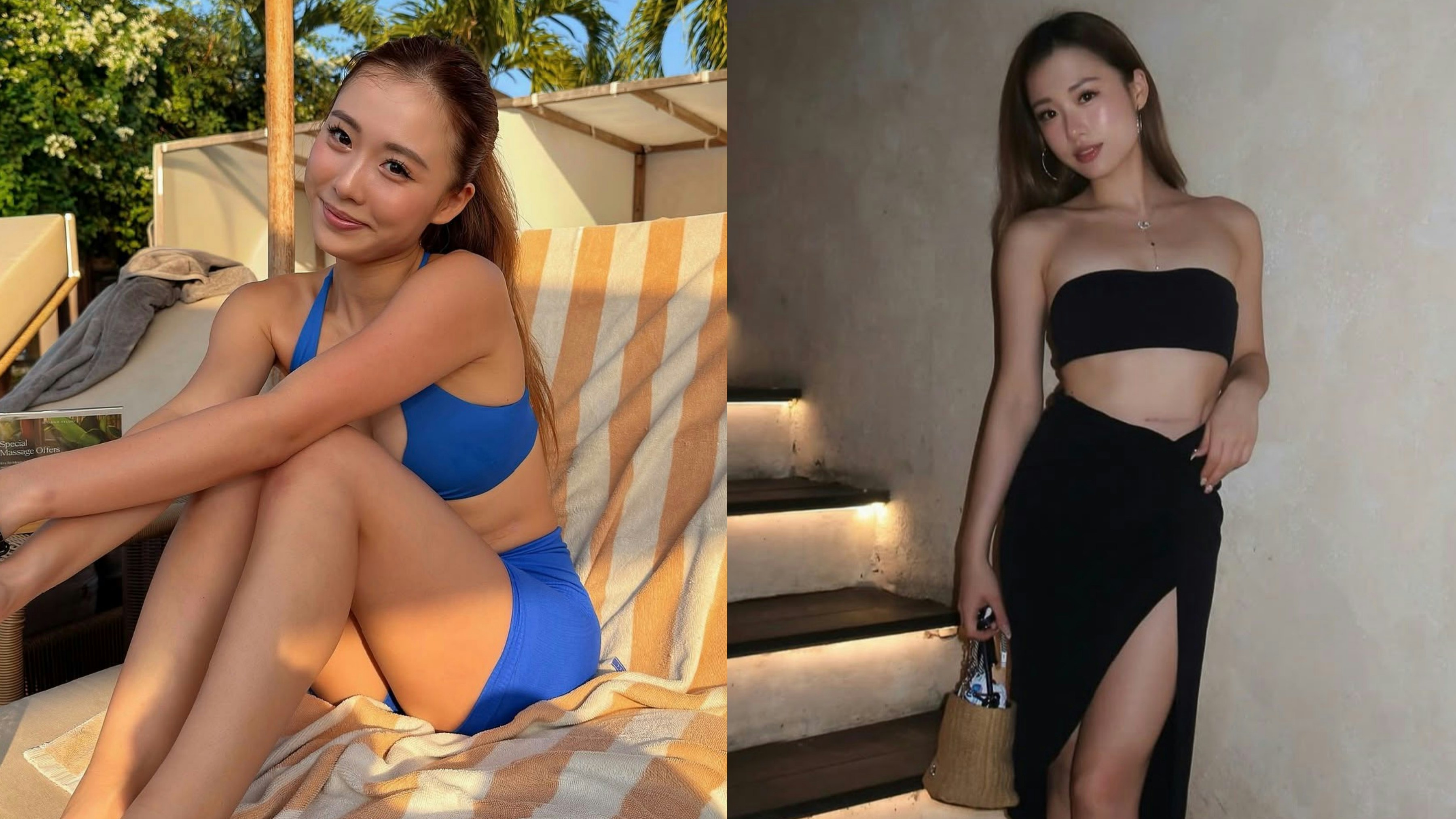 青い水着姿で屋外のデッキチェアに座る馬曉晴と、黒い衣装の写真を並べた香港01掲載画像
