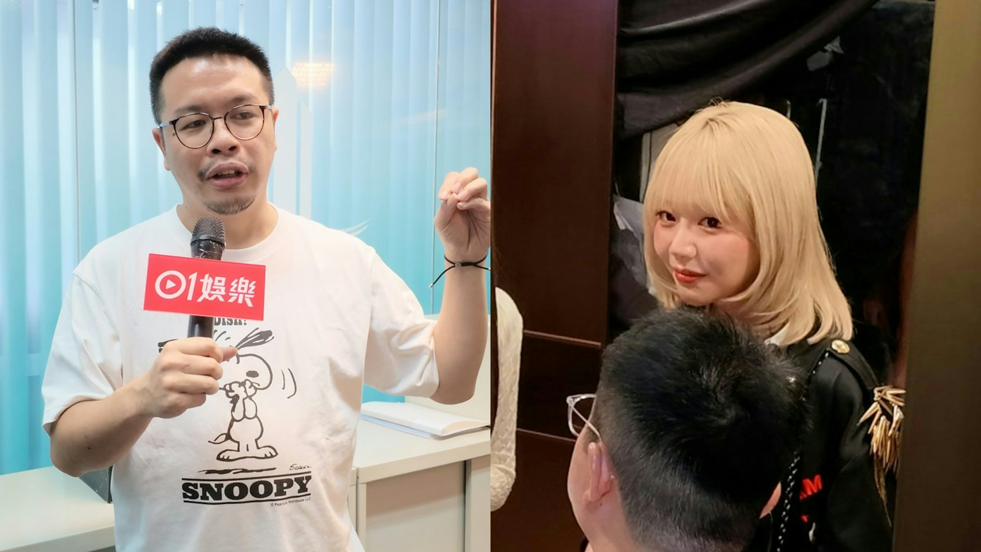 『你的保安李寶安』の宣伝イベントでマイクを持つ男性と金髪の浜崎真緒