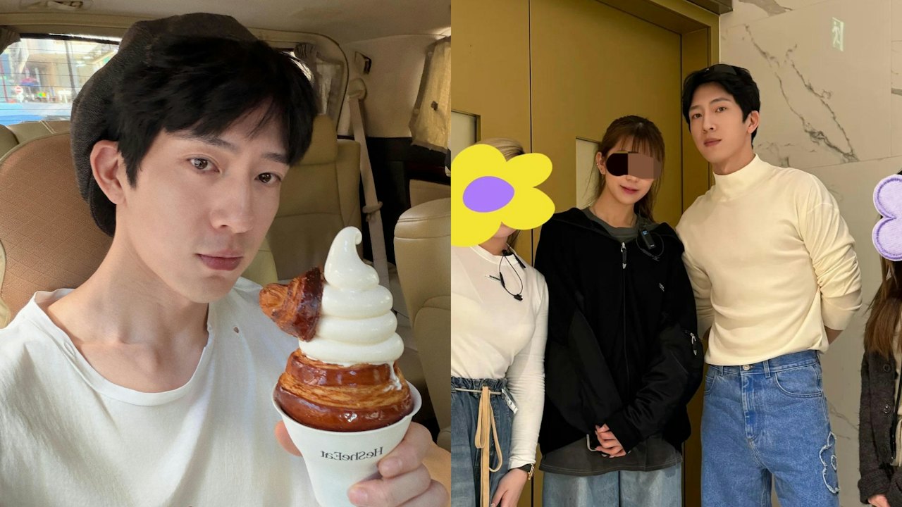 香港滞在中の井柏然と、尖沙咀でファンと撮影した写真を組み合わせた画像
