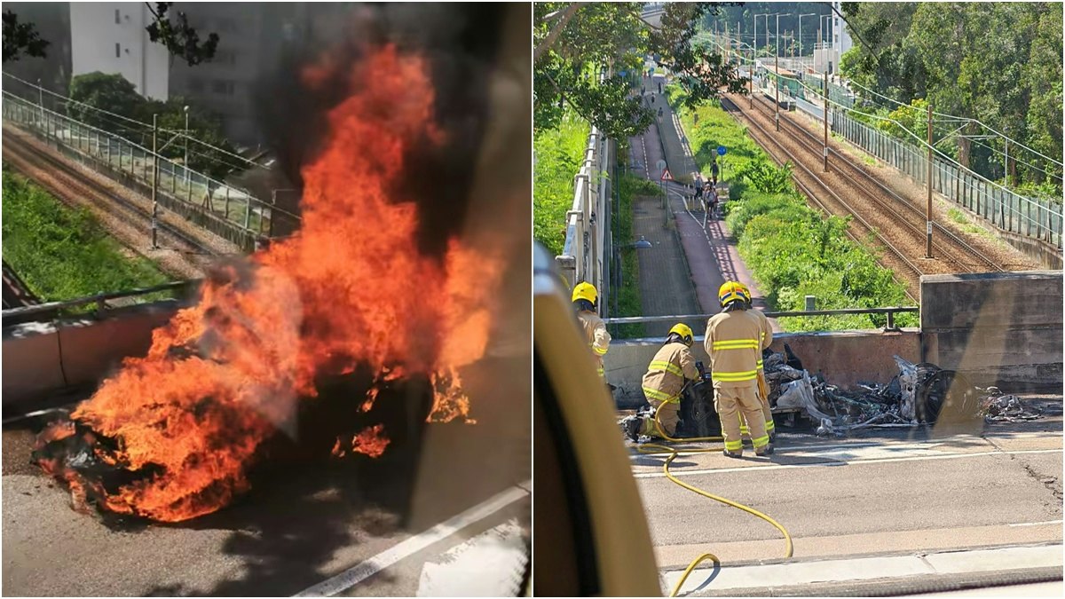 有片︱屯門青田路私家車陷火海冒黑煙 近屯門醫院來回線封閉