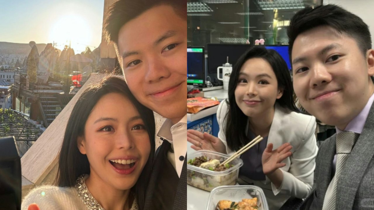 林婷婷と李天耀がニュース部の職場で弁当を食べる写真と、屋外で並ぶ夫婦の自撮り