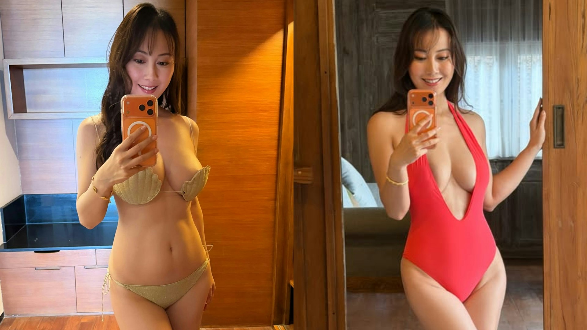 袁嘉敏が赤い深Vのワンピース水着姿で鏡越しに自撮りする写真と、貝殻型ビキニ姿の写真